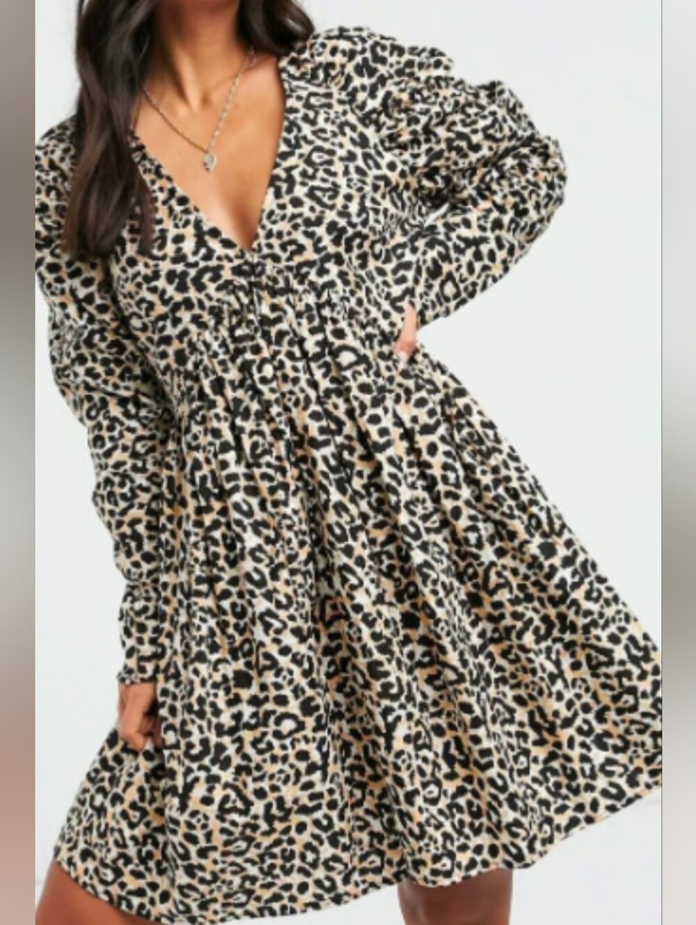 Leopard Print Long Sleeve Babydoll Dress